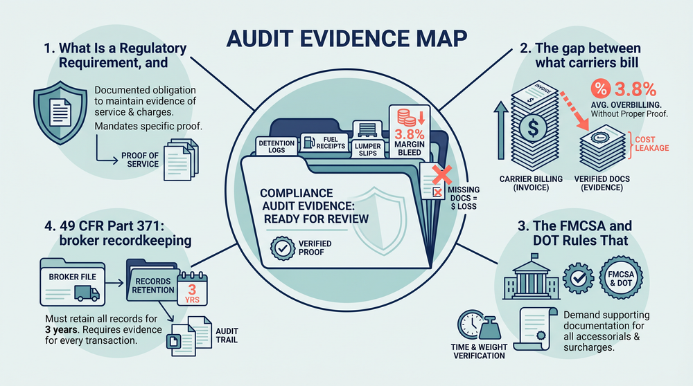 Process diagram showing load-level compliance checklist for freight broker invoice approval