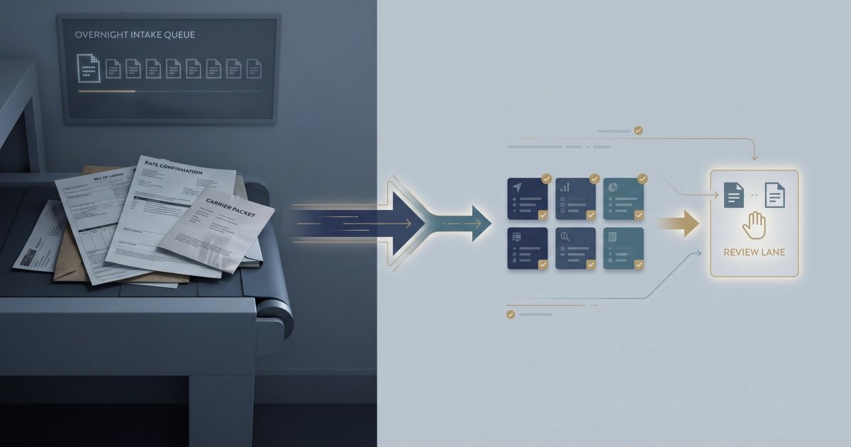 Freight operations team processing PDF bills of lading and rate confirmations into a TMS