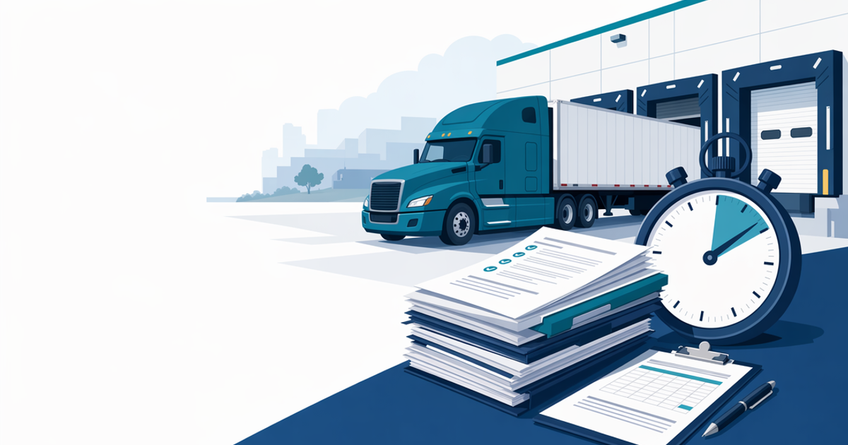 Freight broker reviewing carrier dispute documents at a desk with rate confirmation and BOL paperwork