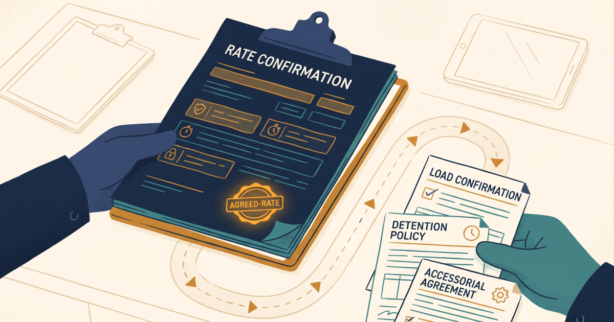 Freight logistics illustration showing rate confirmation document workflow between broker and carrier