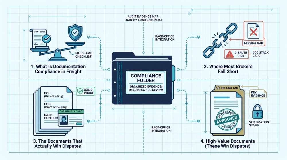 Diagram showing required freight documents for each load type including dry van, reefer, flatbed, and drayage