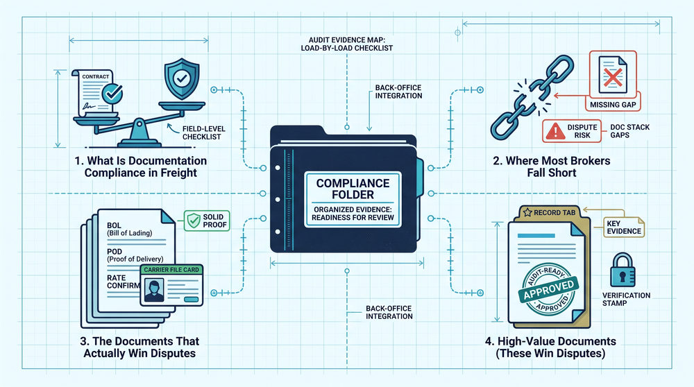 Diagram showing required freight documents for each load type including dry van, reefer, flatbed, and drayage