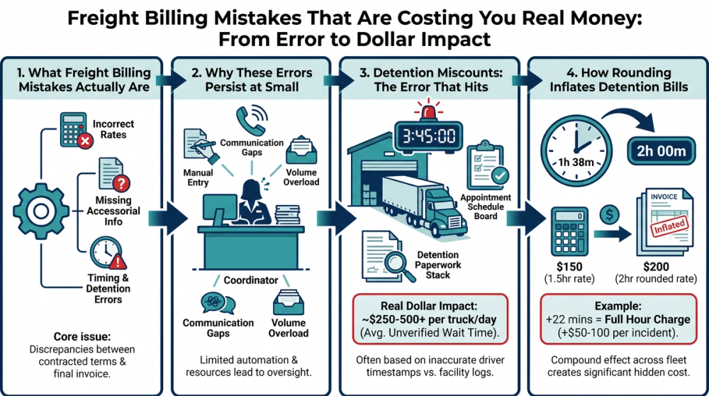 Step-by-step diagram of freight invoice dispute workflow from error detection to resolution