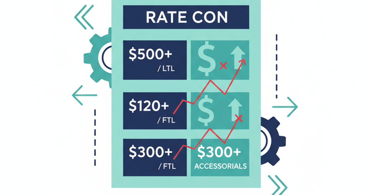 Freight broker reviewing rate con document with flagged overbilling fields highlighted