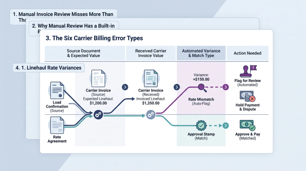 Process diagram showing automated detection logic matching freight invoices to rate confirmations, BOLs, and PODs