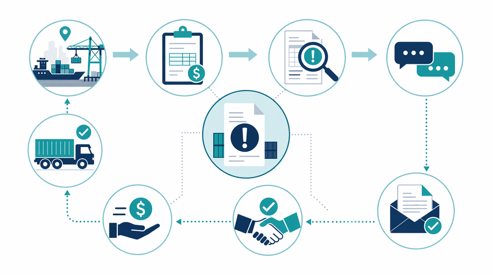 Flowchart showing step-by-step freight billing dispute process from invoice review to resolution