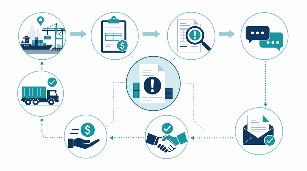 Flowchart showing step-by-step freight billing dispute process from invoice review to resolution