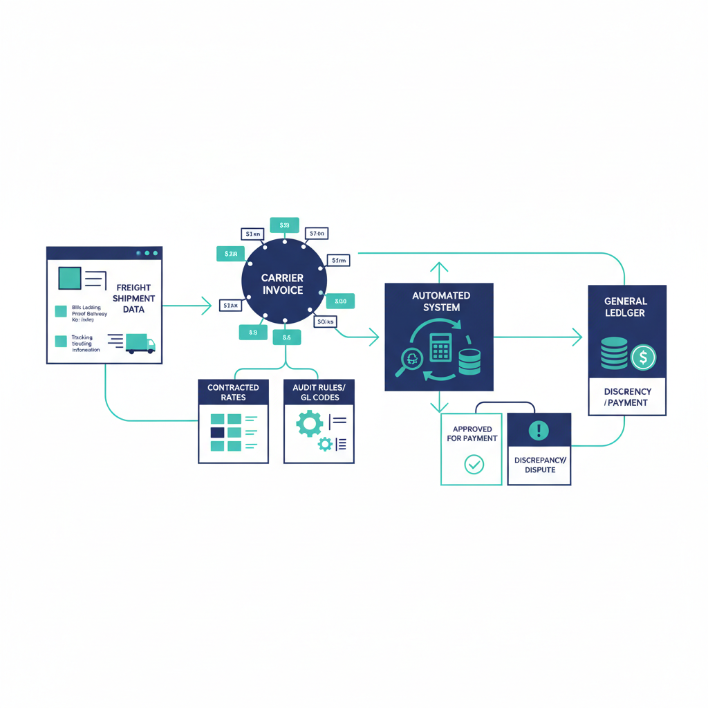 Step-by-step carrier invoice audit process diagram showing discrepancy detection through dispute resolution
