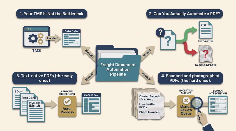 Diagram showing how a freight PDF moves from scan to OCR extraction to TMS fields with a human review step