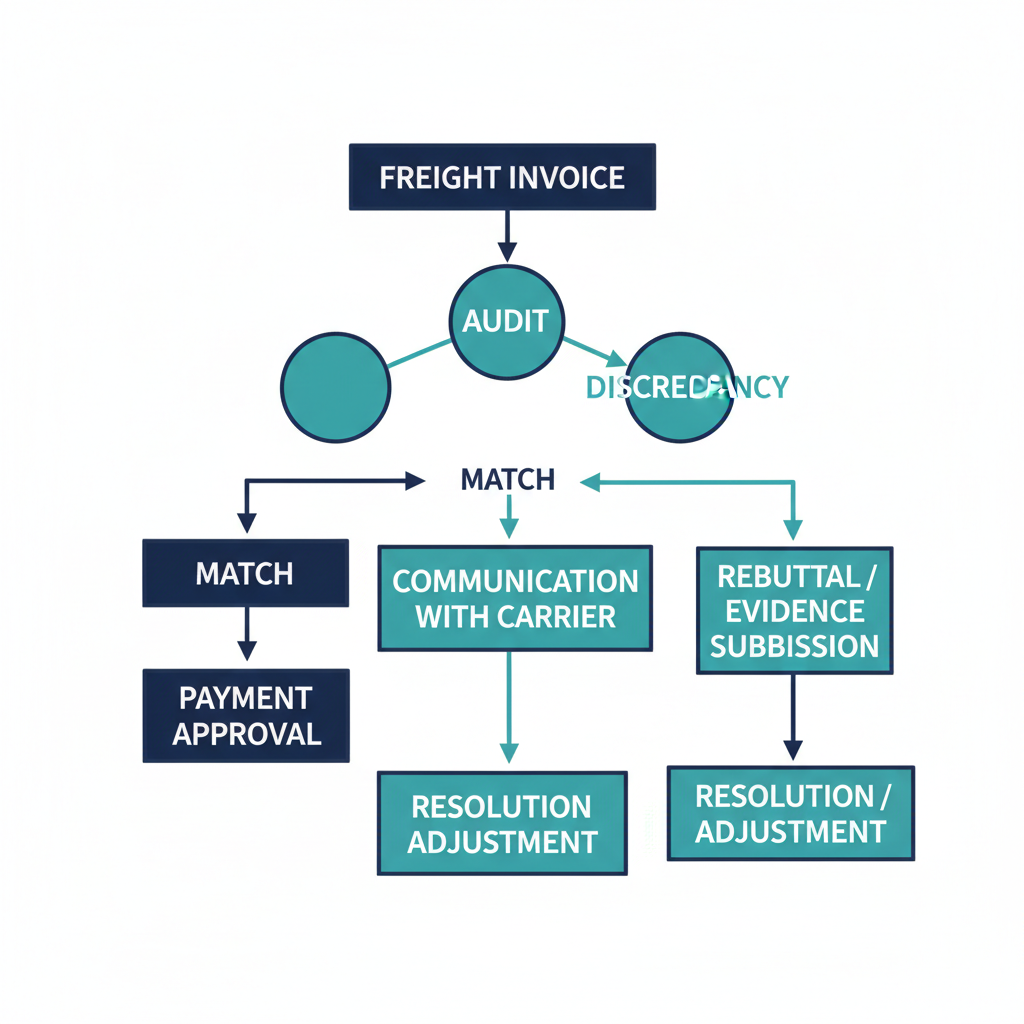 Diagram of the freight invoice dispute process from detection through resolution and carrier scorecard feedback