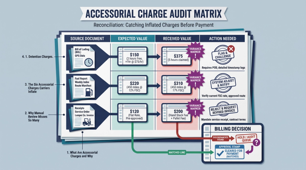 Step-by-step diagram of how accessorial charge audit software processes a disputed carrier invoice