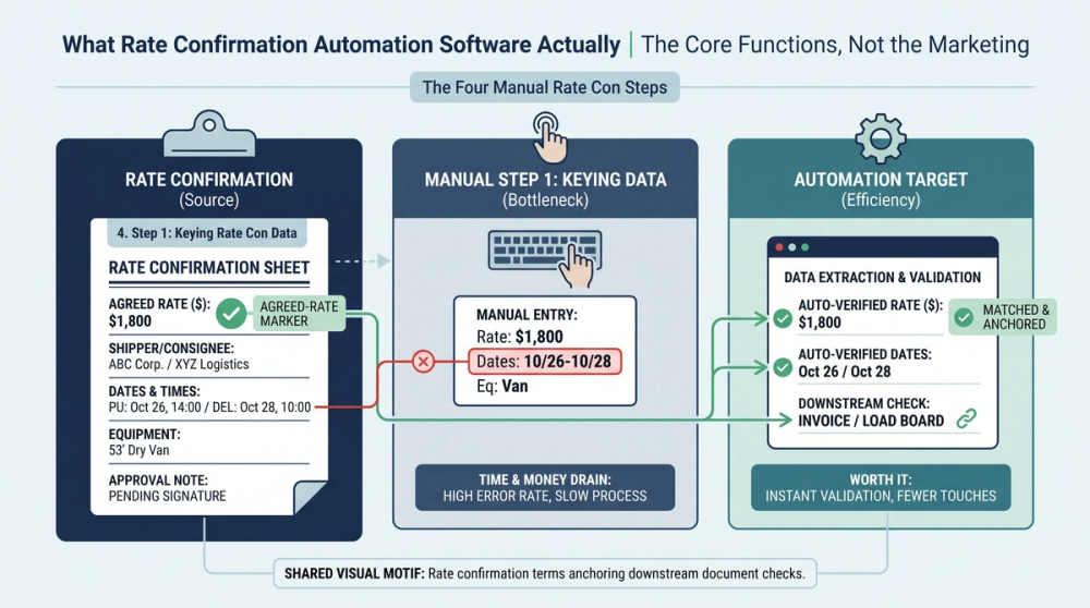 Diagram comparing manual rate confirmation workflow steps versus automated rate con processing pipeline