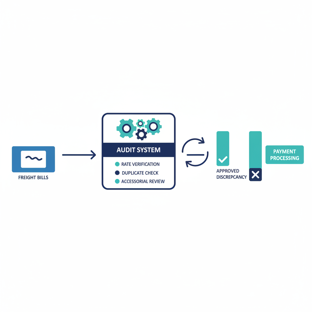 Step-by-step freight bill audit process diagram showing the six line items brokers should check on every carrier invoice