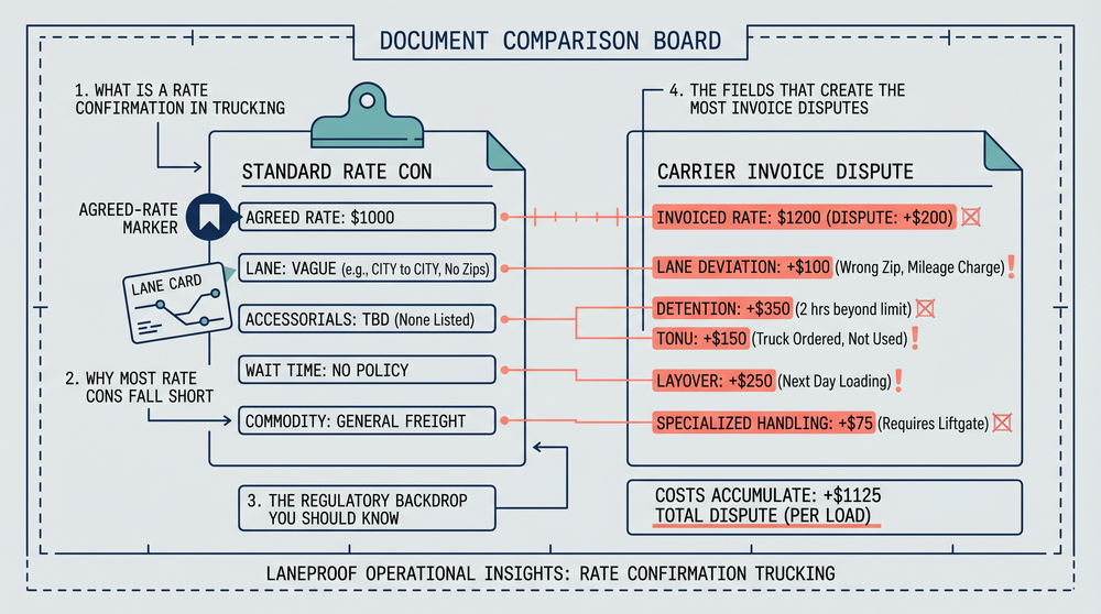 Diagram showing rate confirmation fields that create the most expensive carrier disputes