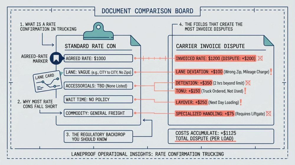 Diagram showing rate confirmation fields that create the most expensive carrier disputes
