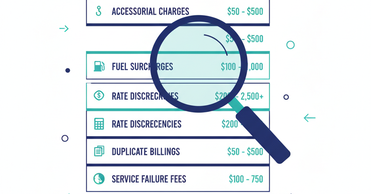 Freight logistics illustration showing invoice documents and carrier billing line items for transportation audit