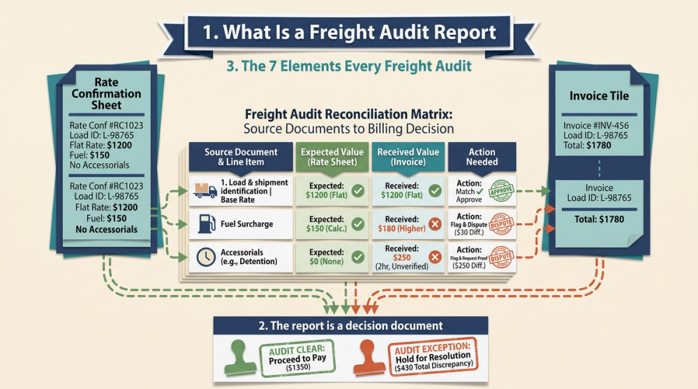Diagram showing the seven core elements of a freight audit report