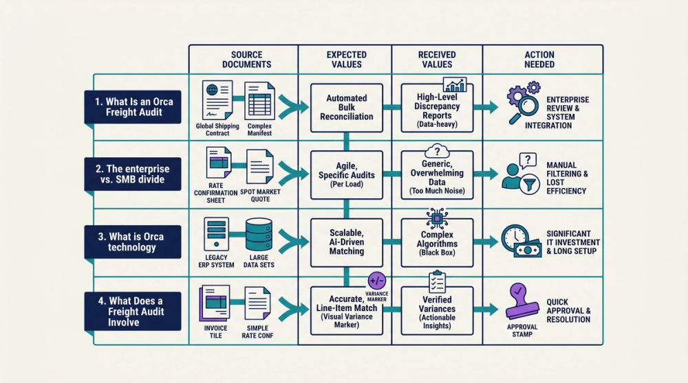 Step-by-step diagram of a freight audit process from invoice collection through discrepancy flagging and payment approval