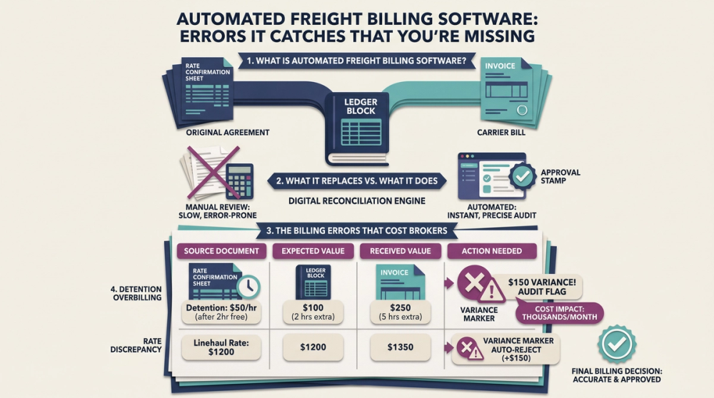 Process diagram showing how automated freight billing software matches carrier invoices against rate confirmations and BOL data