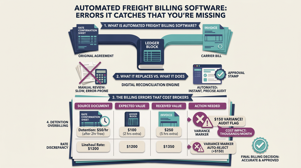 Process diagram showing how automated freight billing software matches carrier invoices against rate confirmations and BOL data