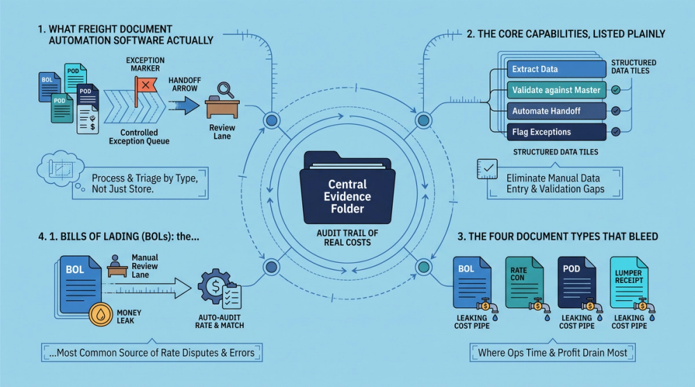 Diagram showing four freight document types and their automation touchpoints in a billing workflow
