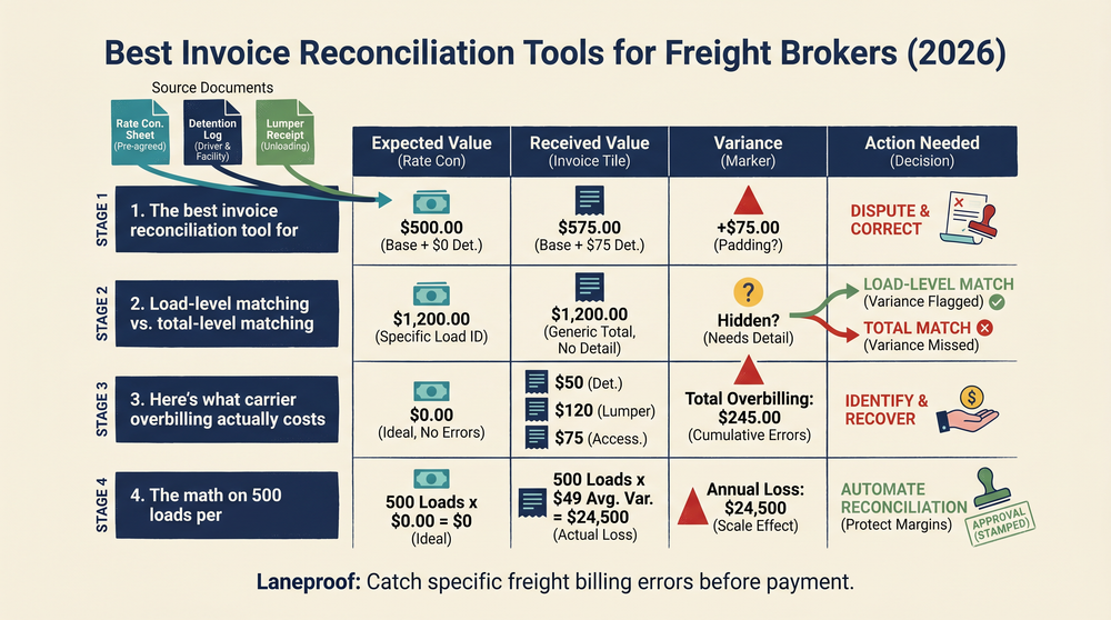 Diagram showing invoice reconciliation workflow from carrier invoice to rate con to BOL matching