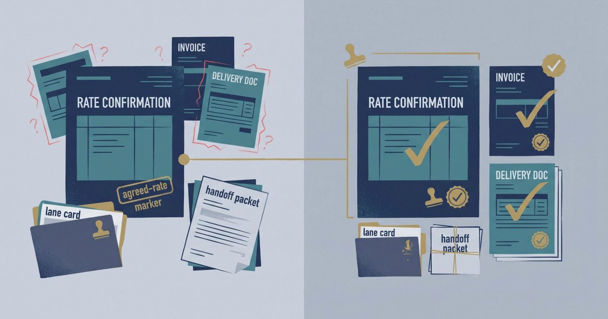 Freight logistics illustration showing invoice documents and shipping containers representing freight audit workflow