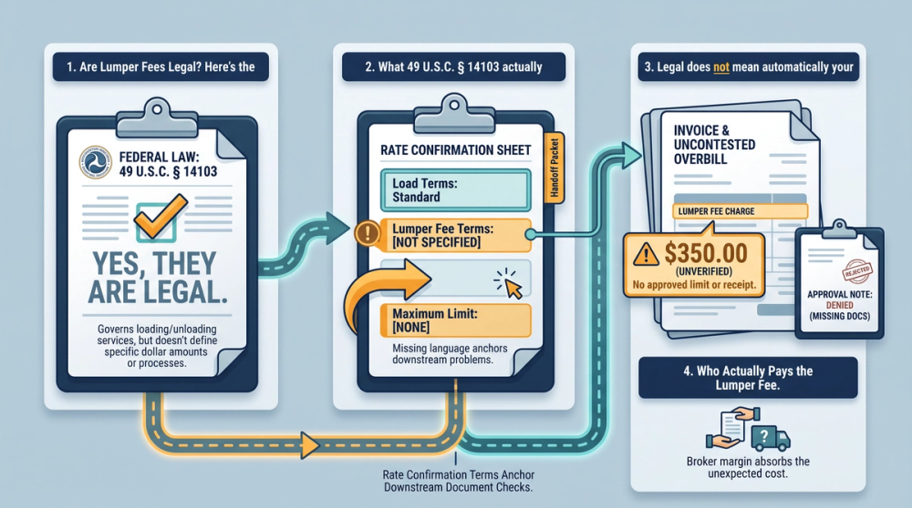 Diagram showing lumper fee documentation flow from facility receipt through carrier invoice to broker approval