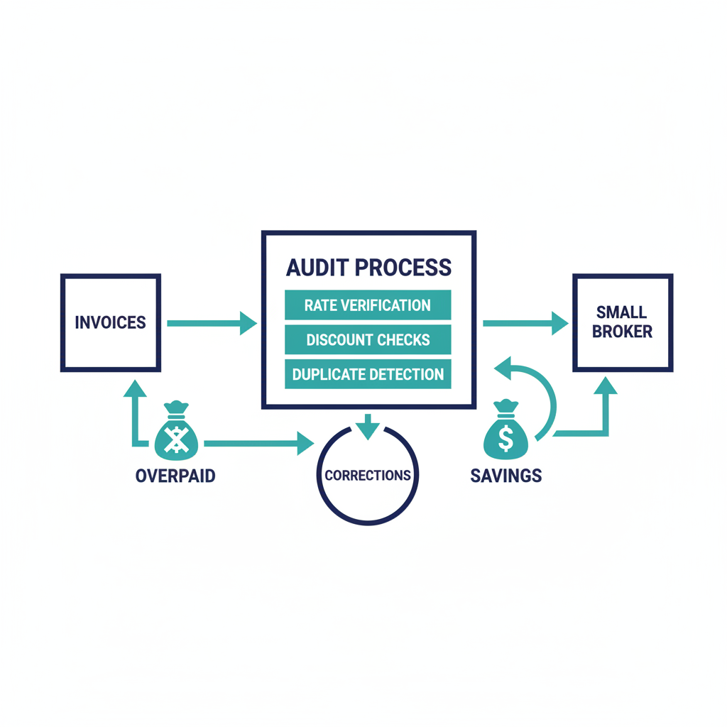 Diagram showing the freight bill audit process workflow for a small brokerage handling 500 loads per month