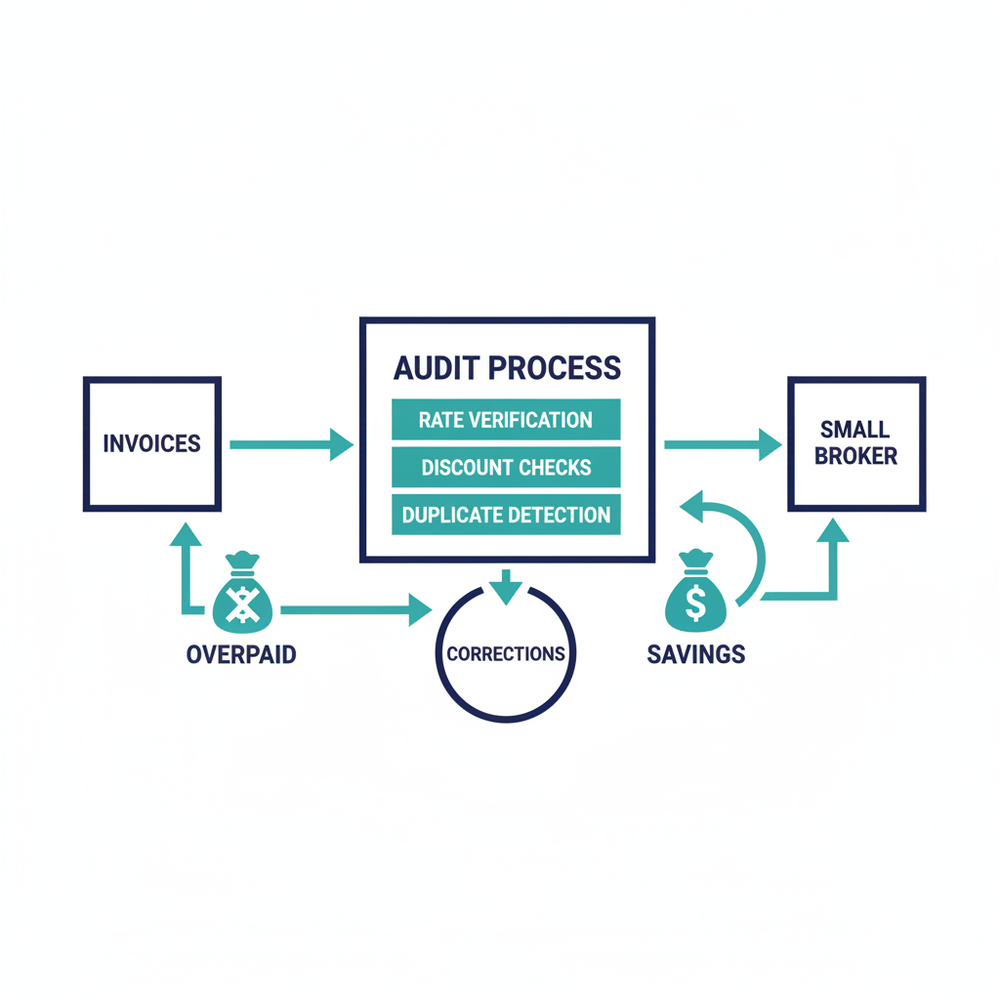 Diagram showing the freight bill audit process workflow for a small brokerage handling 500 loads per month