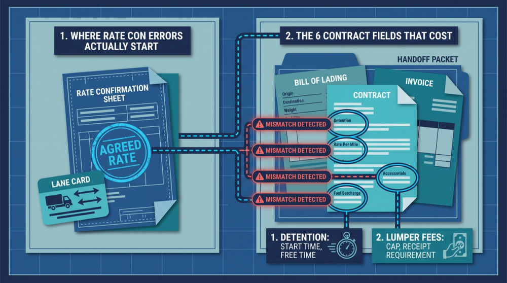 Diagram showing the flow from carrier contract to rate confirmation to invoice with error checkpoints at each stage