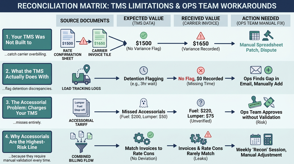 Diagram showing TMS workflow gaps where carrier overbilling goes undetected