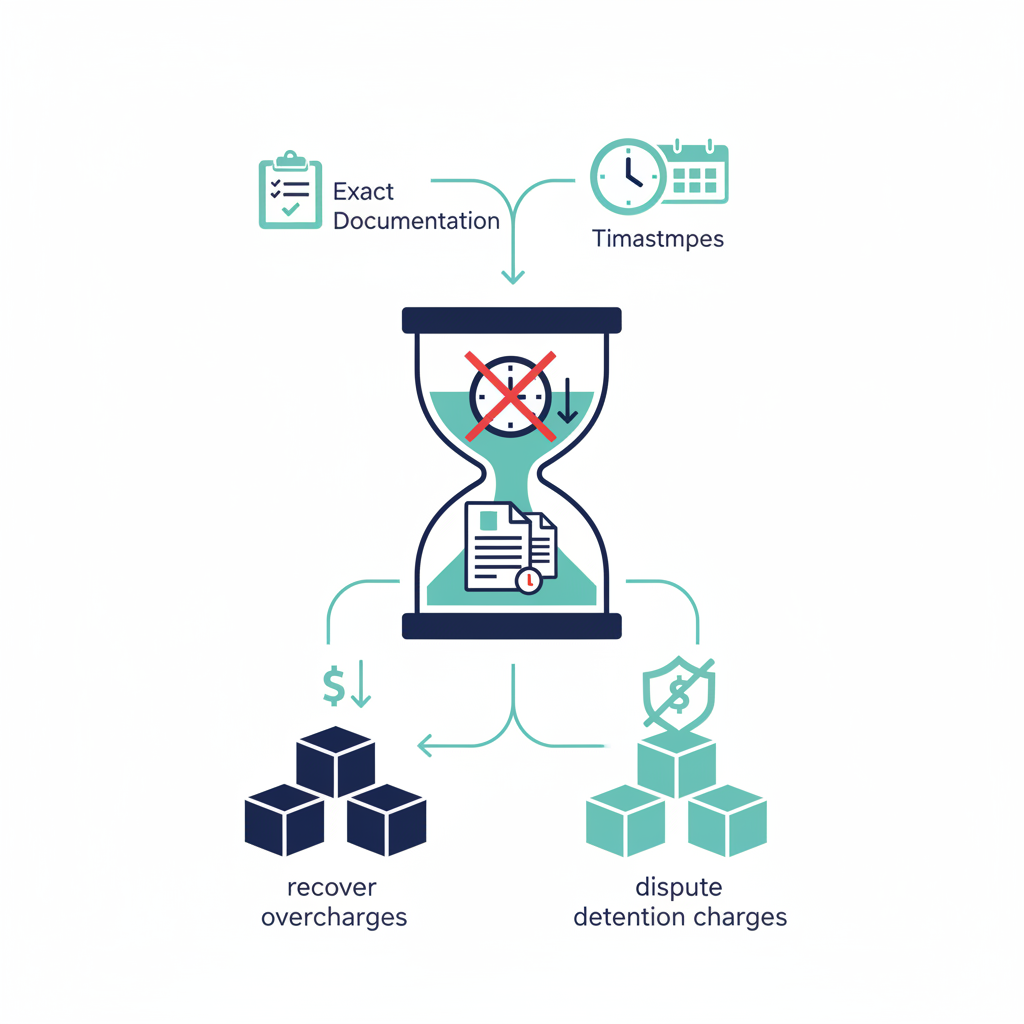 Freight logistics illustration showing a warehouse dock with a truck and clock representing detention time