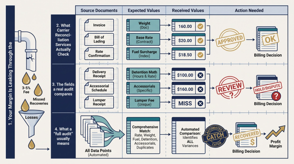 Diagram showing the carrier reconciliation process from rate confirmation through invoice match to dispute filing