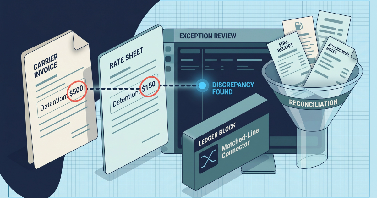 Freight broker reviewing carrier invoice reconciliation software on screen with rate confirmation document