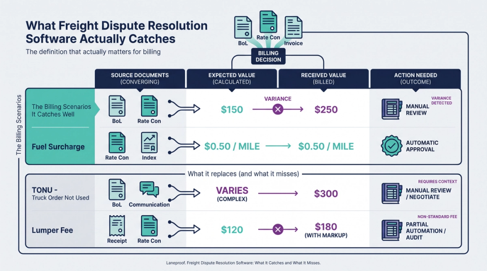 Diagram showing which freight billing scenarios dispute resolution software catches automatically versus those requiring manual documentation