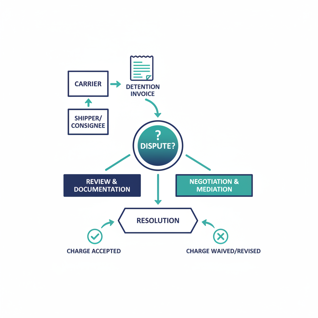 Flowchart diagram showing the six documents needed to file a successful freight detention charge dispute