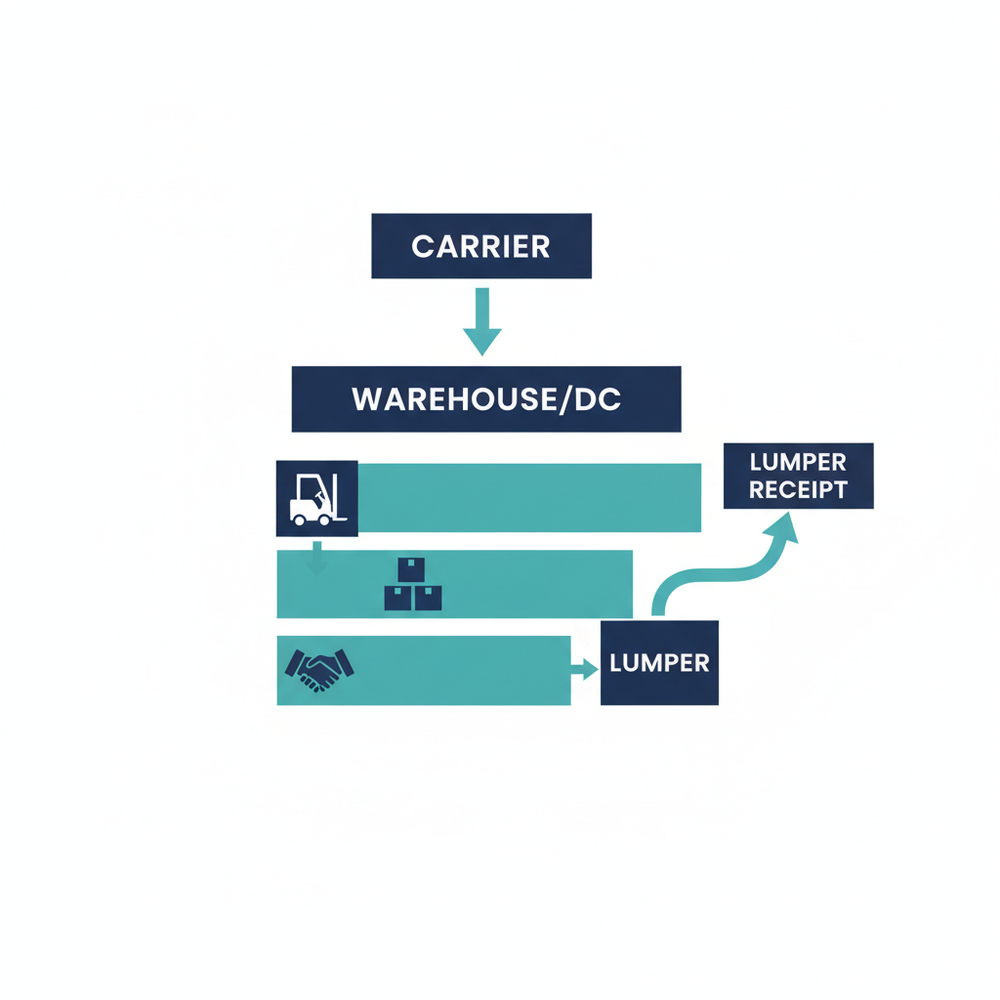 Diagram showing required fields on a valid lumper receipt matched against rate confirmation and BOL