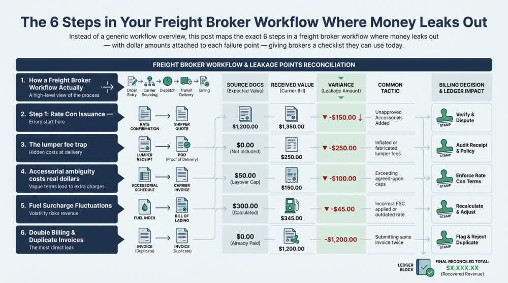 Diagram of six freight broker workflow steps with dollar loss amounts at each failure point