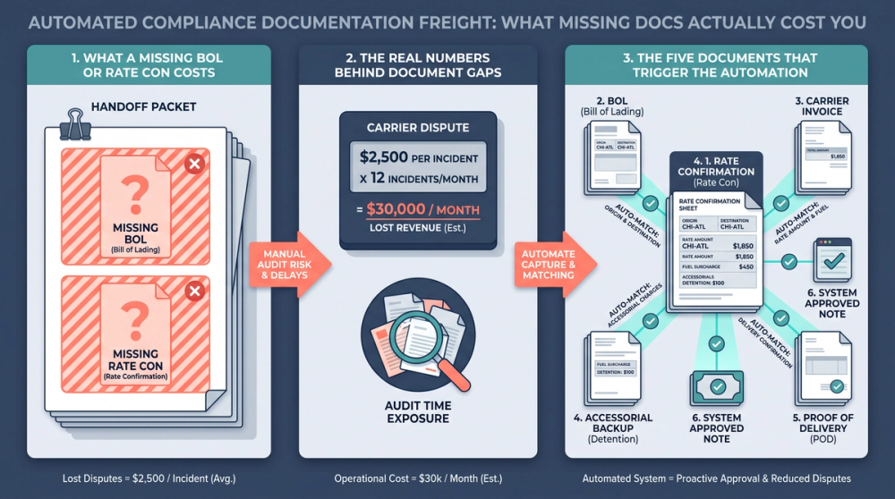 Diagram showing automated compliance documentation capture and matching process for freight operations
