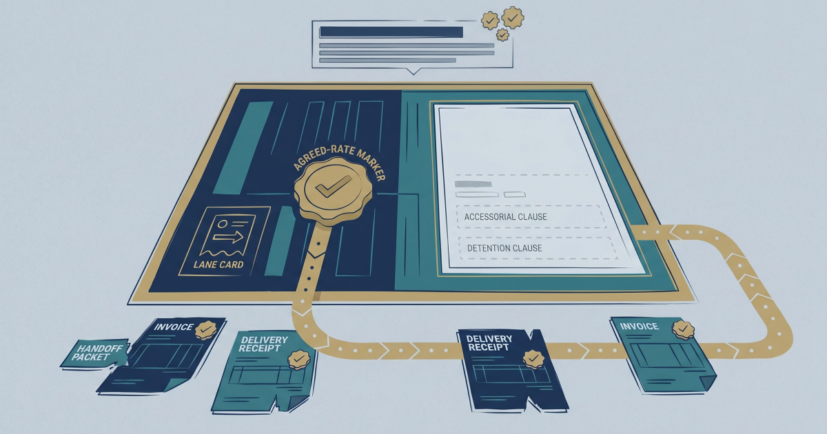 Freight logistics illustration showing a rate confirmation document being reviewed alongside carrier invoices