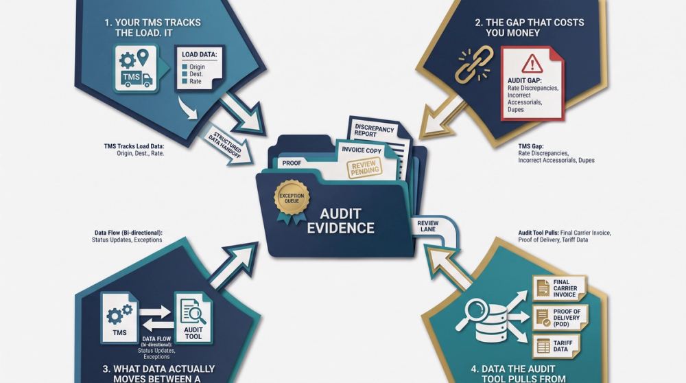 Diagram showing data fields that move between a TMS and freight audit tool during invoice reconciliation