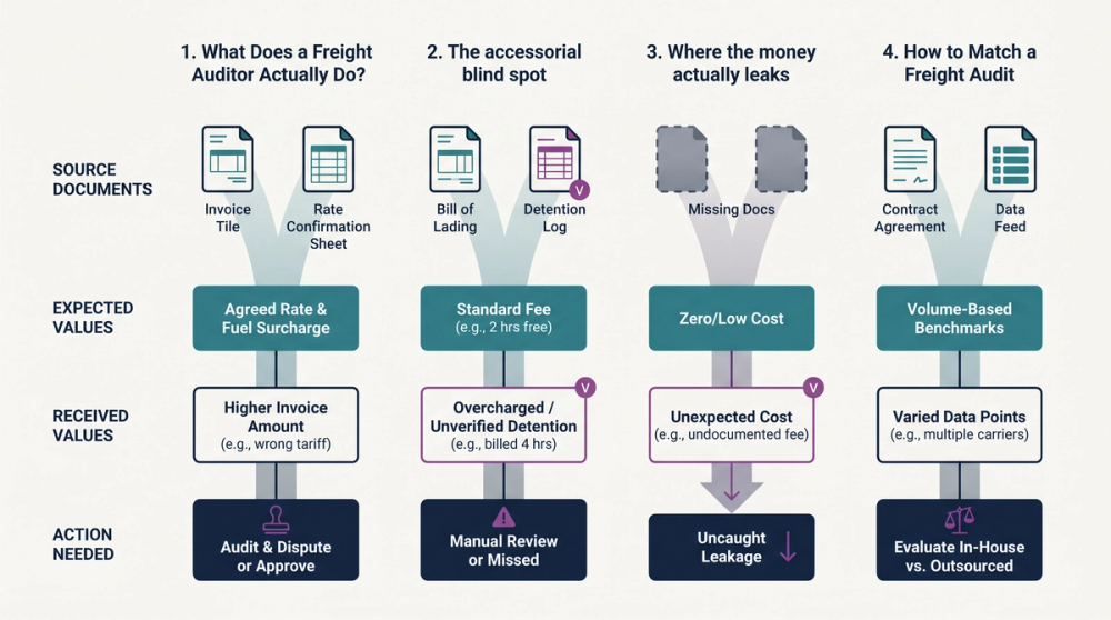Diagram comparing in-house freight audit process versus outsourced freight audit company workflow