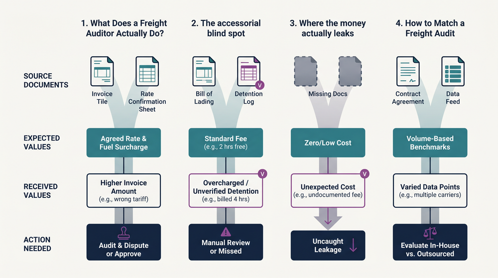 Diagram comparing in-house freight audit process versus outsourced freight audit company workflow