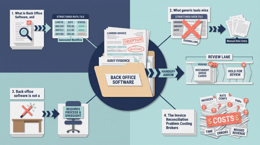 Diagram comparing manual versus automated invoice reconciliation process for freight brokers