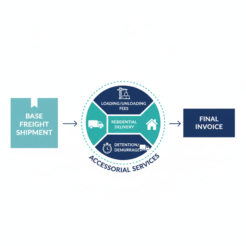 Diagram showing where accessorial charges appear on a freight invoice and how to match them against rate con line items