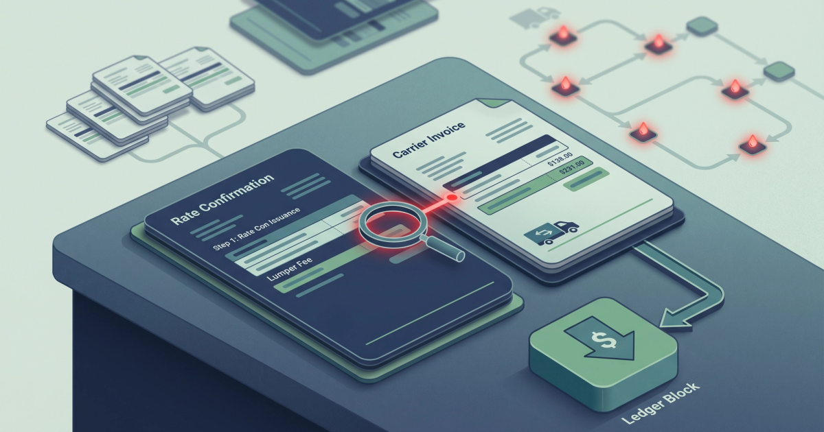 Freight broker workflow stages illustrated with logistics icons showing rate con, tendering, transit, delivery, invoicing, and billing