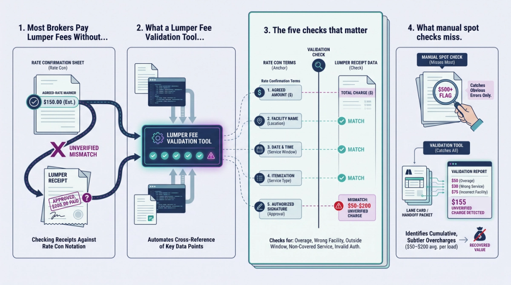 Diagram showing the six-point lumper fee validation document stack workflow for freight brokers