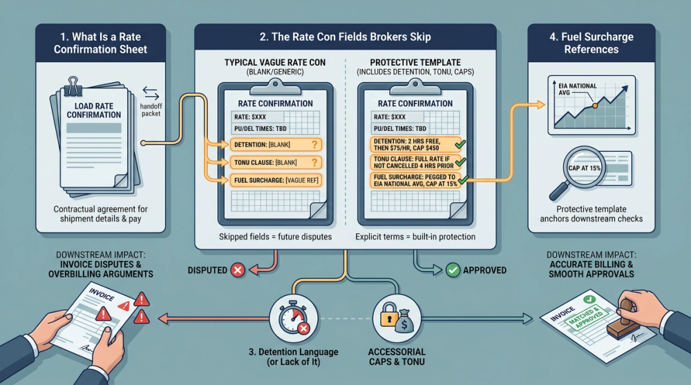 Diagram comparing weak rate confirmation language versus binding protective language across key fields