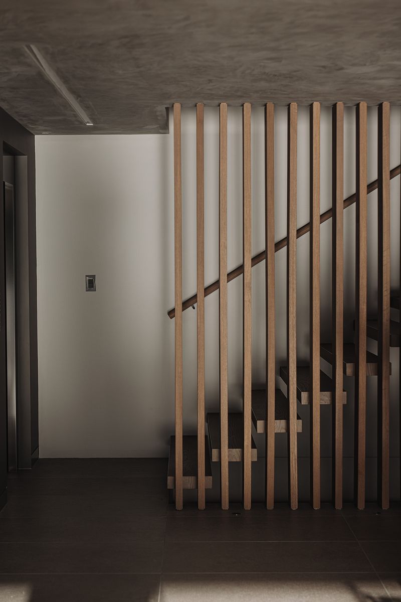 Timber batten screen beside a staircase